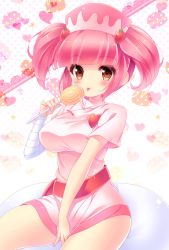 Rule 34 | 1girl, :p, bad id, bad pixiv id, bandages, breasts, dress, food, fruit, hat, heart, large breasts, milk (pop&#039;n music), nurse, pink hair, pop&#039;n music, popsicle, riko (kujira215), short hair, sitting, solo, strawberry, tongue, tongue out, twintails, yellow eyes