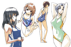 Rule 34 | 4girls, adjusting clothes, adjusting swimsuit, armpits, ass, barefoot, black hair, brown hair, competition swimsuit, feet, heel up, legs, michael f91, multiple girls, one-piece swimsuit, original, simple background, sketch, smile, standing, swimsuit, white background