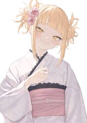 Rule 34 | 1girl, blonde hair, blunt bangs, blush, boku no hero academia, double bun, floral print, flower, hair bun, hair flower, hair ornament, highres, japanese clothes, kiina (mrnsor), kimono, long sleeves, looking at viewer, messy hair, obi, pink flower, pink kimono, pink rose, rose, sash, simple background, smile, solo, toga himiko, upper body, white background, wide sleeves, yellow eyes