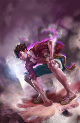Rule 34 | 1boy, abs, black hair, blouse, dutch angle, full body, fur trim, gear second, male focus, monkey d. luffy, one piece, open clothes, open shirt, realistic, sandals, sash, scar, shirt, smile, solo, steam, young-street