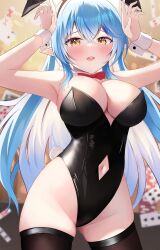 Rule 34 | 1girl, absurdres, animal ears, armpits, arms up, bare shoulders, black leotard, black thighhighs, blue hair, blurry, blurry background, blush, bow, bowtie, breasts, card, clothing cutout, commentary, cowboy shot, crossed bangs, detached collar, diamond cutout, double-parted bangs, elf, fake animal ears, fake tail, furrowed brow, groin, hair between eyes, highleg, highleg leotard, highres, hololive, large breasts, leotard, long hair, looking at viewer, multicolored hair, navel, navel cutout, onabe no shime, open mouth, playboy bunny, playing card, pointy ears, rabbit ears, rabbit pose, rabbit tail, red bow, red bowtie, solo, strapless, strapless leotard, streaked hair, tail, teeth, thighhighs, upper teeth only, very long hair, virtual youtuber, white wrist cuffs, wrist cuffs, yellow eyes, yukihana lamy
