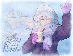 Rule 34 | 1girl, alternate costume, blue background, brooch, cinnamon stick, coat, commentary request, cup, english text, closed eyes, gloves, grey eyes, grey hair, hair between eyes, hat, jacket, jewelry, letty whiterock, long sleeves, mefomefo, polearm, projected inset, scarf, short hair, smile, solo, spanish commentary, steam, text focus, touhou, triangular headpiece, trident, upper body, waving, weapon, winter clothes, winter coat