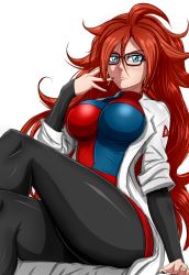 Rule 34 | 1girl, android 21, arm warmers, big hair, black-framed eyewear, black nails, black pantyhose, blue eyes, breasts, brown hair, checkered clothes, checkered dress, crossed legs, curly hair, detached sleeves, dragon ball, dragon ball fighterz, dress, earrings, female focus, from below, highres, hip focus, hoop earrings, jewelry, lab coat, large breasts, legs, long hair, looking at viewer, multicolored clothes, multicolored dress, nail polish, pantyhose, red ribbon army, ring, santiago rodriguez, short dress, sitting, solo, thick thighs, thighs