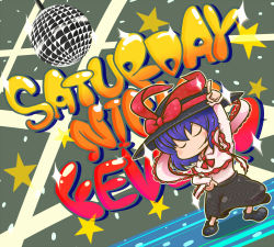 Rule 34 | 1girl, bad id, bad pixiv id, capelet, chibi, closed eyes, disco ball, english text, female focus, frills, hand on own hip, hat, hat ribbon, hip focus, nagae iku, pointing, ribbon, saturday night fever, scarf, solo, star (symbol), steveden313, touhou
