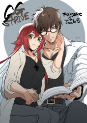 Rule 34 | 1boy, 1girl, abs, book, breasts, brown hair, couple, glasses, green eyes, guilty gear, guilty gear strive, highres, hug, husband and wife, jack-o&#039; valentine, jewelry, kusu (moo1225), lab coat, looking at viewer, medium breasts, necklace, red hair