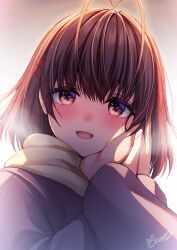 Rule 34 | 1girl, 1other, absurdres, antenna hair, asami asami, brown eyes, brown hair, clannad, commentary request, furukawa nagisa, hair ornament, hairclip, hand on another&#039;s face, highres, pov, scarf, short hair, upper body, yellow scarf