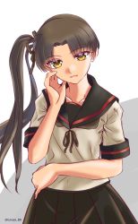 Rule 34 | 1girl, ayanami (kancolle), ayanami kai ni (kancolle), black sailor collar, black skirt, brown eyes, brown hair, commentary request, cowboy shot, highres, kantai collection, long hair, looking at viewer, one-hour drawing challenge, parted lips, pleated skirt, sailor collar, school uniform, serafuku, side ponytail, skirt, solo, tsukasa (tukasa br), two-tone background