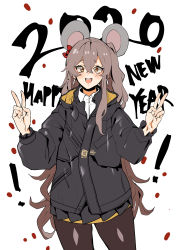 Rule 34 | 1girl, :d, absurdres, animal ears, banssee, black pantyhose, blush, double v, girls&#039; frontline, grey hair, hair between eyes, highres, hood, hooded jacket, jacket, long hair, looking at viewer, mouse ears, official alternate costume, open mouth, pantyhose, pleated skirt, skirt, smile, solo, ump45 (girls&#039; frontline), ump45 (winter journey) (girls&#039; frontline), v, yellow eyes