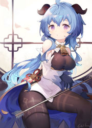 1girl, ahoge, bangs, bare shoulders, bell, black gloves, blue hair, blush, bodysuit, breasts, closed mouth, commentary, covered navel, cowbell, curled horns, detached sleeves, eyebrows visible through hair, ganyu (genshin impact), genshin impact, gloves, goat horns, hair between eyes, highres, horns, leilin, long hair, long sleeves, looking at viewer, low ponytail, medium breasts, petals, ponytail, purple eyes, revision, sidelocks, signature, sleeves past wrists, solo, sweat, taut clothes, very long hair, white sleeves, wide sleeves