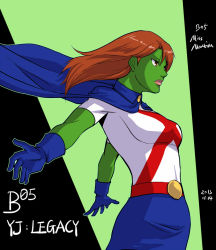 Rule 34 | 10s, 1girl, 2013, alien, cape, character name, colored skin, dc comics, female focus, freckles, gloves, green skin, miss martian, riyan, solo, young justice: invasion
