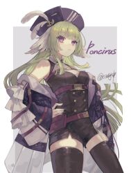 Rule 34 | 1girl, absurdres, arknights, bare shoulders, belt, black footwear, black shirt, black thighhighs, blunt ends, border, breasts, character name, coat, commentary, feather hair, green hair, grey background, hand on own hip, hat feather, highres, light frown, long hair, looking at viewer, medium breasts, miike (992058), multicolored coat, multiple belts, off shoulder, poncirus (arknights), purple coat, purple eyes, purple headwear, shirt, signature, simple background, sleeveless, sleeveless shirt, solo, thighhighs, two-tone coat, white background, white coat