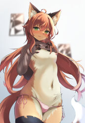 Rule 34 | 1boy, ahoge, an choby, androgynous, animal ear fluff, animal ears, black thighhighs, blurry, blurry background, blush, body fur, brown fur, bulge, clothes lift, fox boy, fox ears, fox tail, furry, furry male, green eyes, groin, highres, lifted by self, long hair, looking at viewer, male focus, multicolored fur, navel, nipples, original, panties, pink panties, side-tie panties, sleeves past wrists, solo, sweater, sweater lift, tail, thighhighs, trap, underwear, white fur