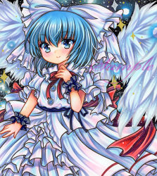 Rule 34 | 1girl, black ribbon, black wrist cuffs, blue eyes, blue hair, blush, bow, buttons, closed mouth, cowboy shot, dress, feathered wings, frilled bow, frilled cuffs, frilled dress, frills, hair between eyes, hair bow, hand up, looking at viewer, mai (touhou), marker (medium), neck ribbon, puffy short sleeves, puffy sleeves, red ribbon, ribbon, rui (sugar3), sample watermark, short hair, short sleeves, smile, solo, sparkle, standing, touhou, touhou (pc-98), traditional media, watermark, white bow, white dress, white wings, wings, wrist cuffs