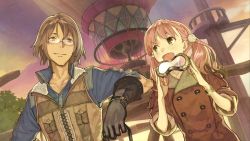 Rule 34 | 10s, 1boy, 1girl, :d, atelier (series), atelier escha &amp; logy, awin sidelet, bangle, black gloves, bracelet, braid, brown hair, coat, double-breasted, dutch angle, escha malier, game cg, glasses, gloves, goggles, unworn goggles, green eyes, hidari (left side), holding, jewelry, official art, open mouth, pink hair, rimless eyewear, short hair, side braid, single braid, smile, twintails, upper body, vest