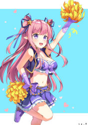 Rule 34 | 1girl, :d, arm up, armpit crease, bare shoulders, bikini, bow, breasts, cheerleader, cleavage, crop top, frilled shirt, frilled skirt, frills, gloves, gold trim, hair ribbon, hand on own hip, hatsune (princess connect!), hatsune (summer) (princess connect!), highres, holding, holding pom poms, large breasts, leg up, long hair, looking at viewer, lu b, midriff, miniskirt, navel, open clothes, open mouth, open vest, pink hair, pleated skirt, pointy ears, pom pom (cheerleading), pom poms, princess connect!, purple bikini, purple bow, purple eyes, purple footwear, purple gloves, purple shirt, purple skirt, purple vest, ribbon, shirt, shoes, sidelocks, skirt, sleeveless, sleeveless shirt, smile, sneakers, solo, stomach, swimsuit, two side up, vest