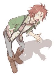 Rule 34 | 1boy, blue eyes, boots, brown footwear, brown hair, caesar silverberg, collarbone, full body, gensou suikoden, gensou suikoden iii, green eyes, green jacket, grey pants, hand in pocket, jacket, leaning forward, looking at viewer, lower teeth only, male focus, open mouth, pants, red hair, shadow, shimizu aki, shirt, short hair, simple background, solo, teeth, white background, white shirt