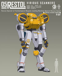 Rule 34 | changkyu kim, character name, english text, grey background, highres, mecha, no humans, open hands, restol machine 5, restol special rescue squad, robot, silhouette, size comparison, solo, standing