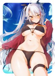 Rule 34 | 1girl, :q, antenna hair, azur lane, bad id, bad pixiv id, beach, bikini, bird, black bikini, black ribbon, blue sky, blurry, blurry background, blush, breasts, brown eyes, cameltoe, choker, cleavage, closed mouth, cloud, collarbone, covered erect nipples, cross, cross earrings, day, earrings, finger to mouth, flag print, german flag bikini, groin, hair between eyes, highres, iron cross, jacket, jewelry, large breasts, long hair, looking at viewer, mole, mole on breast, multicolored hair, navel, open clothes, open jacket, outdoors, palm tree, prinz eugen (azur lane), prinz eugen (unfading smile) (azur lane), red hair, red jacket, ribbon, sand, side-tie bikini bottom, silver hair, skindentation, sky, smile, solo, stomach, streaked hair, sushimekabu, swimsuit, thigh strap, thighs, tongue, tongue out, tree, two side up, very long hair, wet