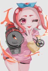 Rule 34 | 1girl, :p, black shorts, blaster (splatoon), commentary request, eyelashes, grey background, gun, highres, holding, holding gun, holding weapon, hood, hoodie, looking at viewer, medium hair, nintendo, octoling, octoling girl, octoling player character, one eye closed, paint, pink eyes, pink hoodie, red hair, shorts, simple background, solo, splatoon (series), splatoon 3, tentacle hair, tongue, tongue out, vmux3442, weapon