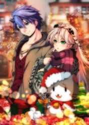 Rule 34 | 1boy, 1girl, akane kazami, blue eyes, blue hair, box, braid, christmas, coat, crown braid, dated, dog tags, double-parted bangs, elaine auclair, french braid, gift, gift box, green eyes, hair between eyes, highres, holding arms, long hair, mascot, mishy, multicolored hair, outdoors, parted bangs, scarf, short hair, signature, stuffed animal, stuffed cat, stuffed toy, sweater, two-tone hair, van arkride