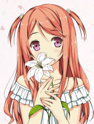 Rule 34 | 1girl, bare shoulders, blush, colorized, covering own mouth, flower, frills, hair ornament, holding, holding flower, itachi kanade, jewelry, kurumi (kantoku), leaf, lily (flower), long hair, looking at viewer, necklace, original, purple eyes, red hair, solo, two side up