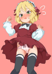 Rule 34 | 1girl, black bow, black bowtie, black thighhighs, blonde hair, blush, bow, bow panties, bowtie, buttons, commentary request, cowboy shot, dress, flat chest, flying sweatdrops, frilled hairband, frilled sleeves, frills, gluteal fold, green eyes, hairband, hands up, highres, idolmaster, idolmaster cinderella girls, kachou dairi, long sleeves, looking down, open mouth, panties, pantyshot, pink background, pink panties, puffy sleeves, red dress, red ribbon, ribbon, sakurai momoka, short hair, sidelocks, solo, sweat, tearing up, thighhighs, thighs, underwear, wavy hair, wind