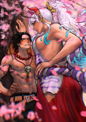 Rule 34 | 1boy, 1girl, abs, absurdres, aqua hair, assertive female, ayaki blade, bare arms, bare shoulders, bead necklace, beads, belt, black hair, blurry, blurry foreground, blush, breasts, cherry blossoms, closed mouth, cowboy shot, curled horns, day, earrings, eye contact, face-to-face, from below, from side, hair ornament, hair stick, half-closed eyes, hand on own hip, hat, hat on back, height difference, high ponytail, highres, hip vent, horns, japanese clothes, jewelry, kabedon, kimono, large breasts, lips, long hair, looking at another, motion blur, multicolored hair, multicolored horns, navel, necklace, nipples, nose blush, one piece, oni, orange horns, outdoors, outline, parted lips, pectorals, petals, portgas d. ace, red horns, rope, serious, shimenawa, short hair, shorts, sideboob, sleeveless, sleeveless kimono, stomach, tall female, toned, toned male, topless male, tree, two-tone hair, v-shaped eyebrows, veins, veiny arms, very long hair, white hair, wind, yamato (one piece), yellow horns