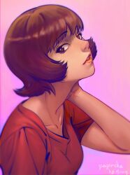 Rule 34 | 1girl, absurdres, anson jun, artist name, brown eyes, brown hair, copyright name, hand on own neck, hand up, highres, lipstick, looking at viewer, makeup, paprika, paprika (character), pink background, red shirt, shirt, short hair, simple background, solo, upper body