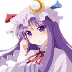 Rule 34 | 1girl, crescent, crescent hair ornament, hair ornament, hat, kinagi yuu, lipstick, long hair, makeup, mob cap, open mouth, patchouli knowledge, purple eyes, purple hair, solo, touhou, upper body