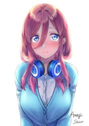 Rule 34 | 1girl, absurdres, amagi shino, artist name, bad id, bad pixiv id, blue cardigan, blue eyes, blush, breasts, buttons, cardigan, closed mouth, colored eyelashes, commentary request, go-toubun no hanayome, hair between eyes, headphones, headphones around neck, highres, large breasts, long hair, long sleeves, looking at viewer, nakano miku, pink hair, shirt, simple background, smile, solo, upper body, white background, white shirt