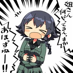 Rule 34 | !, !!, &gt; &lt;, 10s, 1girl, black hair, braid, commentary request, closed eyes, girls und panzer, kanikama, laughing, long sleeves, lowres, open mouth, pepperoni (girls und panzer), short hair, side braid, solo, speech bubble, translation request, uniform