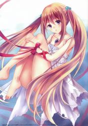 Rule 34 | 1girl, absurdres, breasts, brown hair, cleavage, dress, fukahire (ruinon), hair between eyes, hair bobbles, hair ornament, highres, jewelry, hugging own legs, long hair, looking at viewer, medium breasts, necklace, original, purple eyes, red ribbon, ribbon, solo, torn clothes, torn dress, twintails, very long hair, white dress
