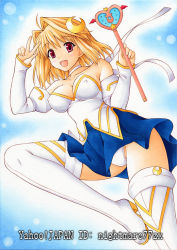 Rule 34 | 00s, 1girl, arcueid brunestud, blonde hair, blue background, blue dress, blue skirt, boots, breasts, carnival phantasm, choker, covered erect nipples, crescent, crescent hair ornament, detached sleeves, dress, hair ornament, hairpin, happy, marker (medium), medium breasts, nightmare77zx, panties, pantyshot, phantas-moon, red eyes, short hair, skirt, solo, standing, standing on one leg, thigh boots, thighhighs, traditional media, tsukihime, underwear, upskirt, v, wand, white panties, white thighhighs