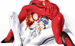 Rule 34 | 2021, 2girls, arm support, ass, ass focus, ass grab, ayanami rei, blue eyes, blue hair, blush, bodysuit, grabbing another&#039;s breast, breasts, breasts out, cameltoe, clenched teeth, embarrassed, grabbing, grabbing own ass, hair ornament, highres, huge ass, interface headset, lips, long hair, looking at another, looking at viewer, looking back, medium breasts, multiple girls, neon genesis evangelion, nipples, plugsuit, presenting, red bodysuit, red eyes, shiny clothes, shiny skin, skin tight, souryuu asuka langley, spread ass, spread pussy under clothes, take your pick, teeth, torn bodysuit, torn clothes, tsundere, tyno, white bodysuit