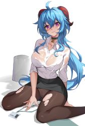Rule 34 | 1girl, absurdres, ahoge, alternate costume, bell, black choker, black skirt, blue hair, breasts, brown pantyhose, bucket, choker, collared shirt, commentary, curled horns, ganyu (genshin impact), genshin impact, goat horns, grey panties, highres, horns, large breasts, long hair, looking at viewer, miniskirt, neck bell, office lady, panties, pantyhose, pantyshot, paradox (parapa), pencil skirt, purple eyes, shirt, simple background, sitting, skirt, solo, spill, tears, torn clothes, torn pantyhose, underwear, very long hair, wariza, water, wavy hair, wet, wet clothes, wet shirt, white background, white shirt