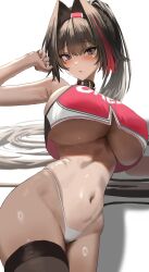 1girl bare_arms bare_shoulders bay_(nikke) black_collar black_hair black_hairband black_thighhighs blurry blurry_background blush breasts closed_mouth clothes_writing collar commentary crop_top crop_top_overhang dark-skinned_female dark_skin enun facial_mark fingernails goddess_of_victory:_nikke grey_eyes groin hair_between_eyes hair_intakes hair_spread_out hairband hands_up high_ponytail highleg highleg_panties highres huge_breasts long_hair looking_at_viewer lying mole mole_under_eye mole_under_mouth multicolored_hair navel no_bra no_pants on_side panties ponytail raised_eyebrows red_hair red_hairband red_shirt shadow shirt sideboob simple_background single_thighhigh sleeveless sleeveless_shirt solo spiked_collar spikes star_(symbol) star_facial_mark stomach string_panties tan tanline thighhighs two-tone_hair two-tone_hairband underboob underwear upshirt very_long_hair white_background white_panties