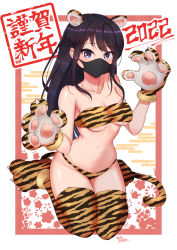 Rule 34 | 1girl, 2022, absurdres, animal ears, animal print, bikini, breasts, chinese zodiac, claws, cleavage, gloves, highres, kneeling, looking at viewer, mask, navel, new year, original, purple eyes, purple hair, swimsuit, tail, thighhighs, tiger ears, tiger print, tiger tail, translated, underboob, wakaba (wata ridley), year of the tiger