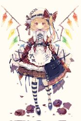 Rule 34 | 1girl, apron, asymmetrical footwear, asymmetrical legwear, belt, black belt, blonde hair, closed mouth, corrupted twitter file, crystal, dress, fishnet pantyhose, fishnets, flandre scarlet, flower, frilled apron, frills, full body, grey background, hair between eyes, hat, highres, long hair, looking at viewer, mismatched footwear, mismatched legwear, mob cap, nikorashi-ka, one side up, pantyhose, petals, red dress, red eyes, red flower, red rose, rose, simple background, single leg pantyhose, sleeves past fingers, sleeves past wrists, solo, straight-on, striped clothes, striped thighhighs, thighhighs, touhou, white apron, white hat, wide sleeves, wings