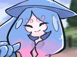 Rule 34 | 1girl, ^ ^, blue hair, blue hat, blue theme, blurry, blurry background, blush, blush stickers, closed eyes, closed mouth, colored skin, creatures (company), day, female focus, flat chest, game freak, gen 8 pokemon, gradient hair, happy, hat, hatterene, long hair, multicolored hair, nintendo, outdoors, pink hair, pokemon, pokemon (creature), sidelocks, sketch, smile, solo, two-tone hair, upper body, white skin, witch hat, yellowparrot