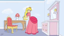 Rule 34 | 1girl, animated, animated gif, artist request, ass, ass shake, bent over, blonde hair, bustle, crown, dress, earrings, elbow gloves, gloves, heart, huge ass, jewelry, jiggle, lipstick, long hair, looking back, makeup, mario (series), mirror, nintendo, parody, princess peach, smile, spanked, spanking, super mario bros. 1, white gloves
