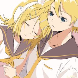 Rule 34 | 1boy, 1girl, bare shoulders, blonde hair, blue eyes, bow, brother and sister, closed eyes, covering with blanket, hair bow, hair ornament, hairclip, head on another&#039;s shoulder, headphones, headset, highres, kagamine len, kagamine rin, leaning on person, looking at another, m0ti, neckerchief, necktie, sailor collar, sailor shirt, shirt, short sleeves, siblings, side-by-side, sleeping, sleeping on person, sleeveless, sleeveless shirt, spiked hair, swept bangs, twins, vocaloid, white bow, yellow neckerchief, yellow necktie