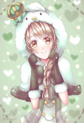 Rule 34 | 07hiiragi14, 1girl, artist name, artist request, bird hood, black gloves, blue bow, blush, bow, braid, breasts, brown eyes, brown hair, capelet, cleavage, crown, elbow gloves, female focus, fur-trimmed gloves, fur trim, gloves, green background, green jacket, hair vines, heart, heart background, heart-shaped pillow, hood, hood up, hooded capelet, jacket, light brown hair, long hair, looking at viewer, love live!, love live! school idol festival, love live! school idol project, medium breasts, minami kotori, mini crown, parted lips, pillow, plant, shirt, single braid, smile, solo, striped, striped bow, tilted headwear, upper body, vines, white capelet, white shirt