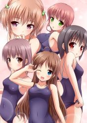 Rule 34 | 5girls, adjusting clothes, adjusting swimsuit, blue eyes, brown eyes, brown hair, competition school swimsuit, green eyes, highres, ki (kk-sk-ray), long hair, multiple girls, one-piece swimsuit, original, purple eyes, red eyes, school swimsuit, short hair, swimsuit, twintails