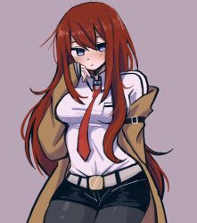 Rule 34 | 1girl, :|, belt, black thighhighs, bow, bowtie, breasts, brown coat, closed mouth, coat, grey background, hand on own face, highres, long hair, looking at viewer, makise kurisu, medium breasts, megrocks, open clothes, open coat, purple eyes, red hair, shirt, standing, steins;gate, thick thighs, thighhighs, thighs, white belt, white shirt
