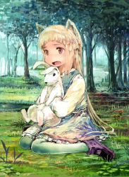 Rule 34 | 1girl, animal, animal ears, blonde hair, rabbit, day, dress, fang, faux traditional media, flower, grass, holding, hug, long hair, open mouth, original, outdoors, pantyhose, red eyes, rhodomina, sitting, tree, whiskers