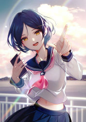 Rule 34 | 1girl, :d, absurdres, backlighting, blouse, blue hair, blue sailor collar, blue skirt, blurry, blurry background, cellphone, cloud, collarbone, commentary request, cowboy shot, evening, fingernails, hands up, hayami kanade, highres, holding, holding phone, idolmaster, idolmaster cinderella girls, index finger raised, lens flare, light particles, long sleeves, looking at viewer, midriff, motoki (hisano motoki), navel, neckerchief, open mouth, outdoors, parted bangs, phone, pink neckerchief, pleated skirt, pointing, railing, rainbow, sailor collar, school uniform, serafuku, shirt, short hair, skirt, smartphone, smile, solo, standing, teeth, upper teeth only, water, white shirt, yellow eyes