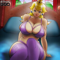 Rule 34 | 1girl, arm support, artist name, bed, blonde hair, blopkid, blue eyes, bra, breasts, highres, huge breasts, legs, long hair, looking at viewer, mario (series), nintendo, open mouth, panties, pink lips, princess, princess peach, purple bra, purple panties, sitting, smile, solo, super mario bros. 1, thick thighs, thighhighs, thighs, underwear