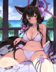 Rule 34 | 1girl, absurdres, animal ear fluff, animal ears, bikini, black hair, blue archive, blunt ends, blush, breasts, cameltoe, cleavage, colored inner hair, commission, flower, fox ears, fox girl, fox mask, fox tail, hair flower, hair ornament, halo, highres, large breasts, long hair, looking at viewer, mask, multicolored hair, navel, official alternate costume, onkyi, red hair, skeb commission, solo, swimsuit, tail, thigh strap, wakamo (blue archive), wakamo (swimsuit) (blue archive), white bikini, yellow eyes