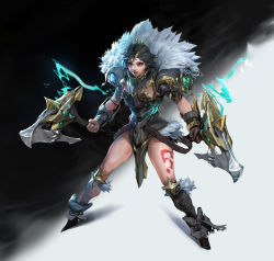 Rule 34 | 1girl, armor, asymmetrical legwear, axe, bandaged arm, bandages, belt, black hair, blue eyes, breastplate, breasts, brown gloves, chinese commentary, circlet, dual wielding, full body, fur trim, gauntlets, gloves, glowing, gradient background, highres, holding, legs apart, looking at viewer, lower teeth only, mole, mole under eye, open mouth, original, red lips, rongzhen, shadow, short hair, short sleeves, shoulder armor, simple background, solo, teeth, thighs, uneven legwear, v-shaped eyebrows