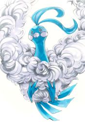 Rule 34 | altaria, animal focus, backlighting, blue eyes, blush stickers, closed mouth, creatures (company), fluffy, from below, game freak, gen 3 pokemon, highres, marker (medium), mofuo, nintendo, no humans, pokemon, pokemon (creature), simple background, solo, traditional media, white background